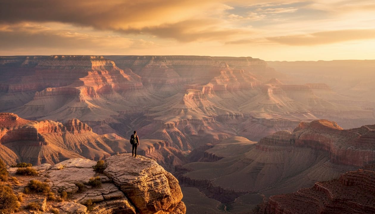 Explorer standing at the Grand Canyon South Rim at golden hour — private tours by Grand Canyon Journeys