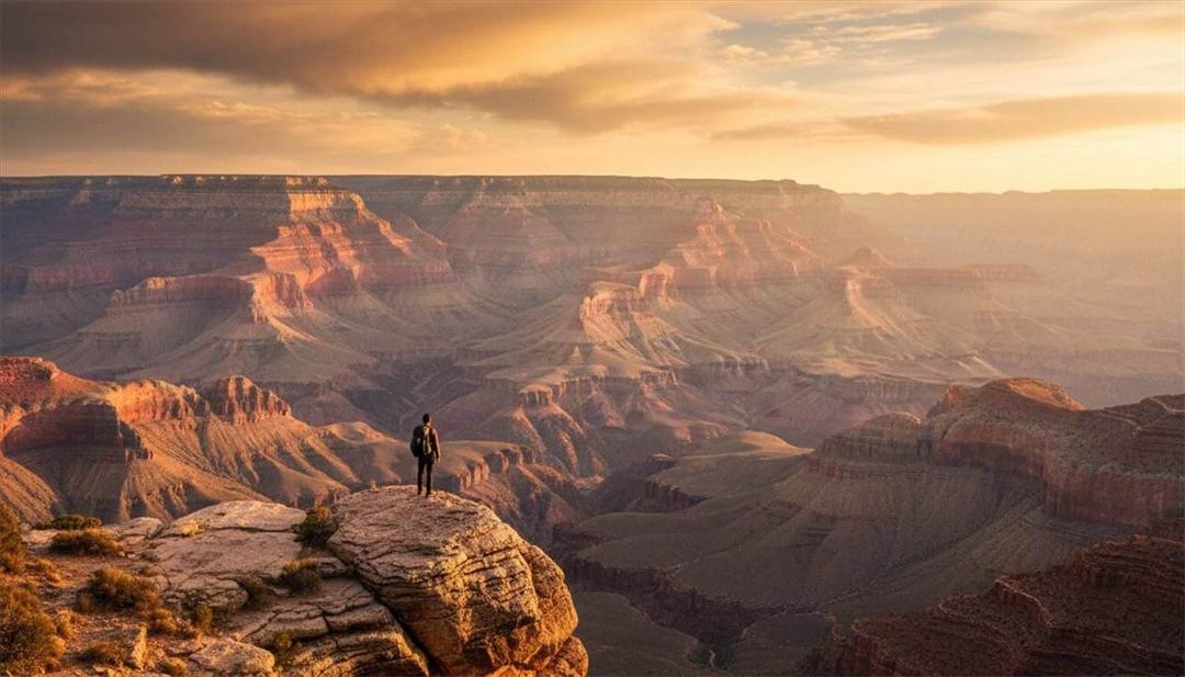 Explorer standing at the Grand Canyon South Rim at golden hour — private tours by Grand Canyon Journeys