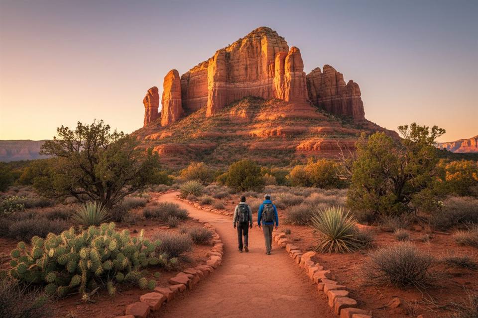 Two hikers on a red dirt trail toward Cathedral Rock at sunset in Sedona