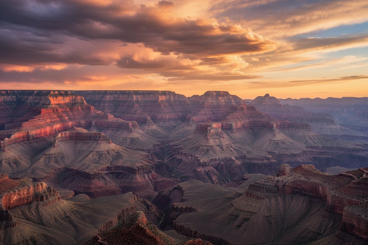 Grand Canyon South Rim glowing amber and crimson at sunset
